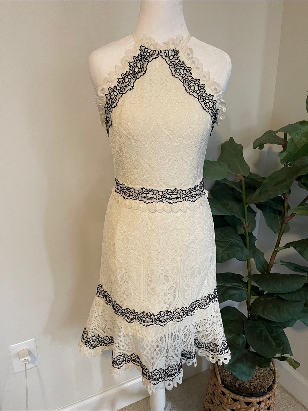 Foxiedox Soft White Lace Dress with Black Trim 
Homecoming Size XS